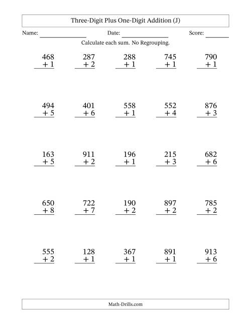The Three-Digit Plus One-Digit Addition With No Regrouping – 25 Questions (J) Math Worksheet