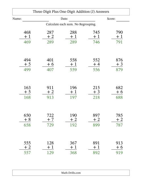 The Three-Digit Plus One-Digit Addition With No Regrouping – 25 Questions (J) Math Worksheet Page 2