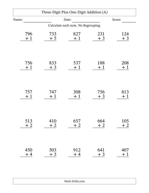 The 3-Digit Plus 1-Digit Addition with NO Regrouping (All) Math Worksheet