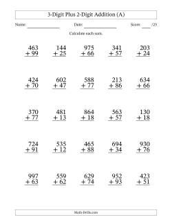 3-Digit Plus 2-Digit Addition With Some Regrouping (25 Questions)