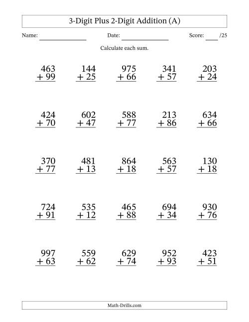 The 3-Digit Plus 2-Digit Addition With Some Regrouping (25 Questions) (A) Math Worksheet