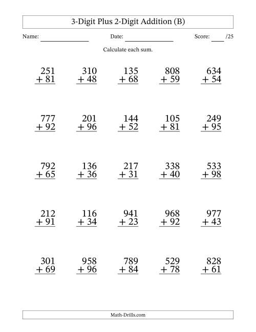 The 3-Digit Plus 2-Digit Addition With Some Regrouping (25 Questions) (B) Math Worksheet