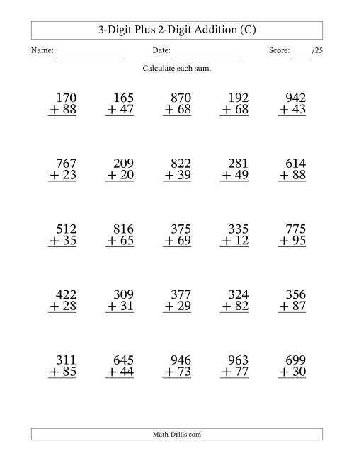 The 3-Digit Plus 2-Digit Addition With Some Regrouping (25 Questions) (C) Math Worksheet