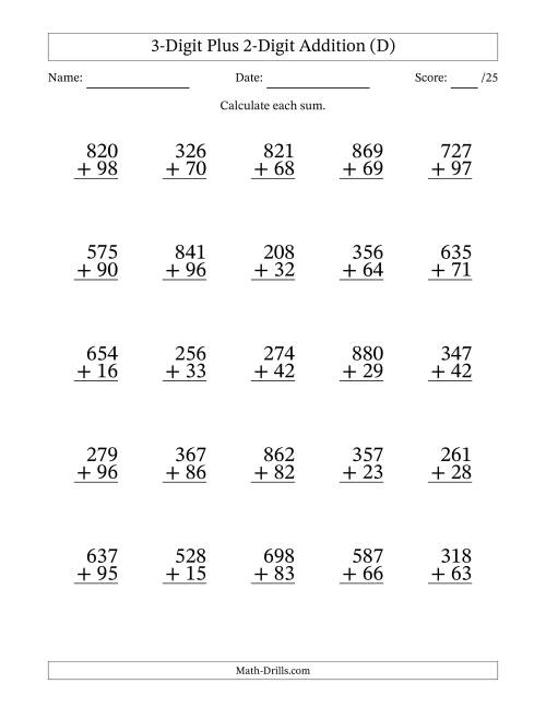 The 3-Digit Plus 2-Digit Addition With Some Regrouping (25 Questions) (D) Math Worksheet