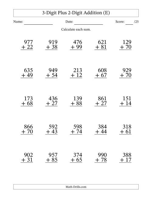 The 3-Digit Plus 2-Digit Addition With Some Regrouping (25 Questions) (E) Math Worksheet