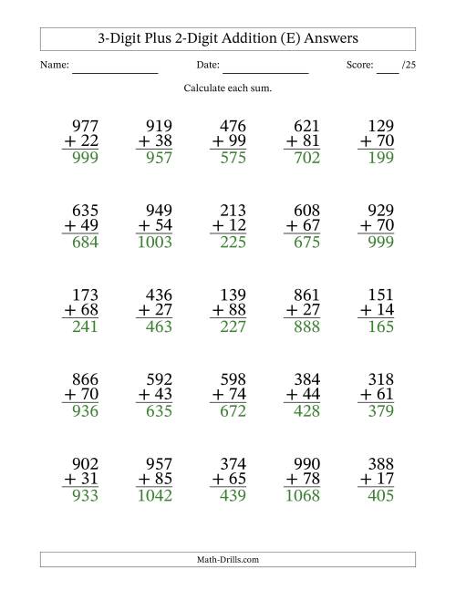 The 3-Digit Plus 2-Digit Addition With Some Regrouping (25 Questions) (E) Math Worksheet Page 2