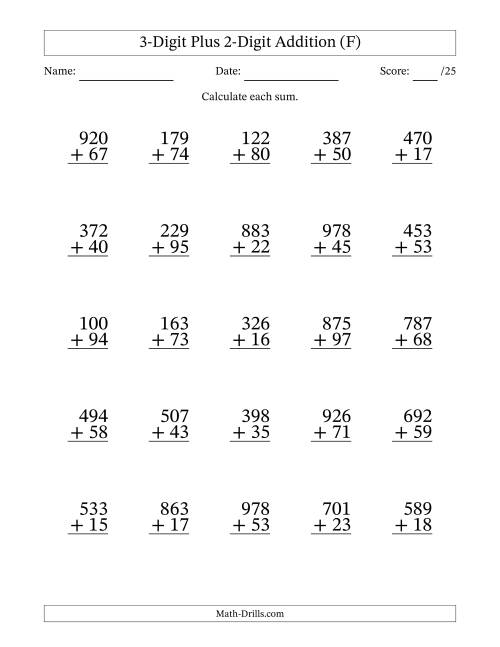 The 3-Digit Plus 2-Digit Addition With Some Regrouping (25 Questions) (F) Math Worksheet