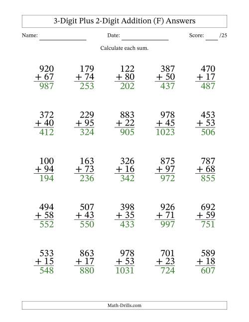 The 3-Digit Plus 2-Digit Addition With Some Regrouping (25 Questions) (F) Math Worksheet Page 2