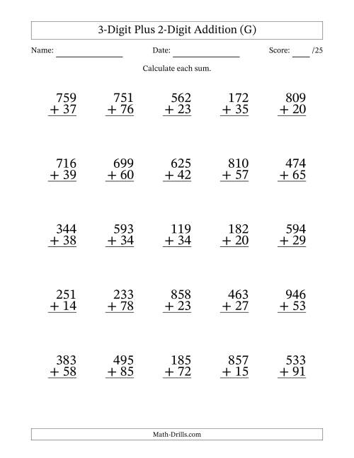 The 3-Digit Plus 2-Digit Addition With Some Regrouping (25 Questions) (G) Math Worksheet