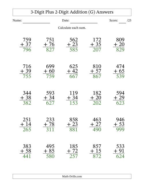 The 3-Digit Plus 2-Digit Addition With Some Regrouping (25 Questions) (G) Math Worksheet Page 2