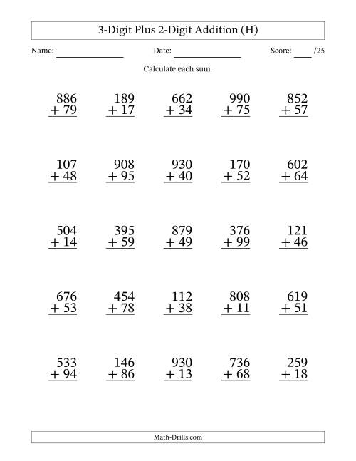 The 3-Digit Plus 2-Digit Addition With Some Regrouping (25 Questions) (H) Math Worksheet