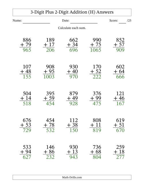 The 3-Digit Plus 2-Digit Addition With Some Regrouping (25 Questions) (H) Math Worksheet Page 2