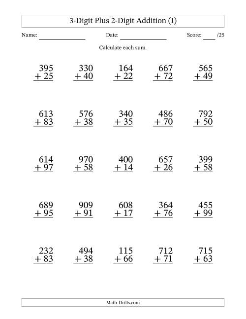 The 3-Digit Plus 2-Digit Addition With Some Regrouping (25 Questions) (I) Math Worksheet