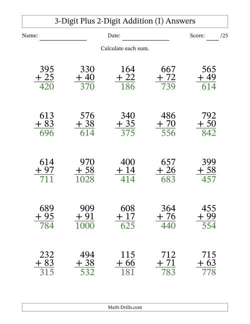 The 3-Digit Plus 2-Digit Addition With Some Regrouping (25 Questions) (I) Math Worksheet Page 2