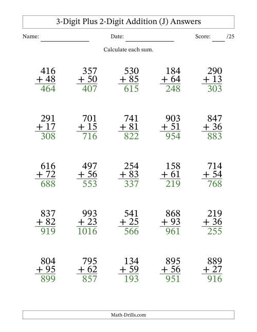 The 3-Digit Plus 2-Digit Addition With Some Regrouping (25 Questions) (J) Math Worksheet Page 2