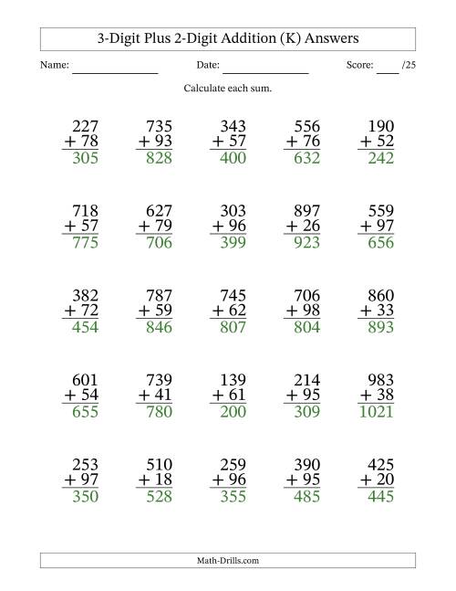 The 3-Digit Plus 2-Digit Addition With Some Regrouping (25 Questions) (K) Math Worksheet Page 2
