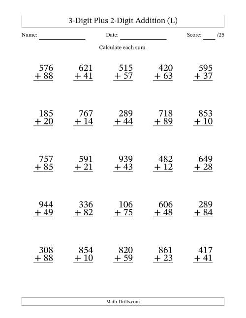 The 3-Digit Plus 2-Digit Addition With Some Regrouping (25 Questions) (L) Math Worksheet