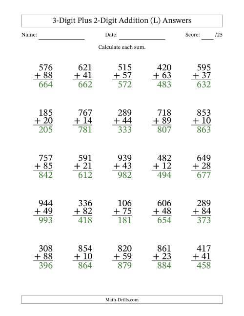 The 3-Digit Plus 2-Digit Addition With Some Regrouping (25 Questions) (L) Math Worksheet Page 2
