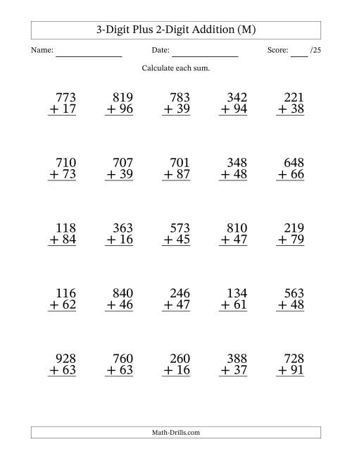 The 3-Digit Plus 2-Digit Addition With Some Regrouping (25 Questions) (M) Math Worksheet