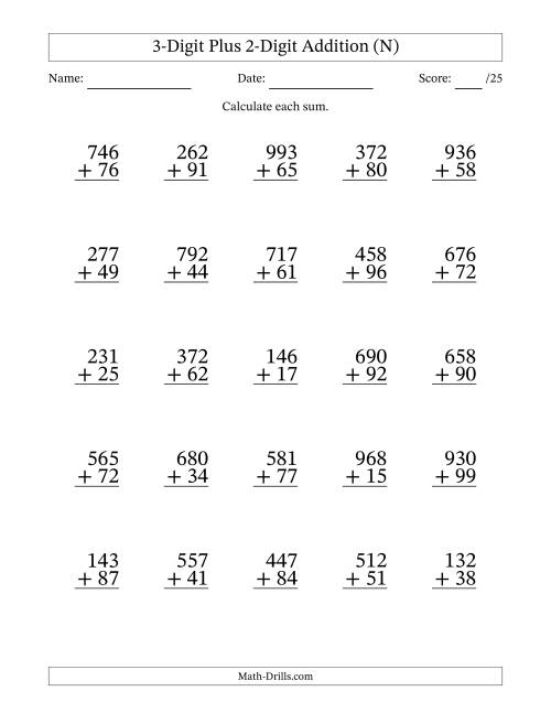 The 3-Digit Plus 2-Digit Addition With Some Regrouping (25 Questions) (N) Math Worksheet