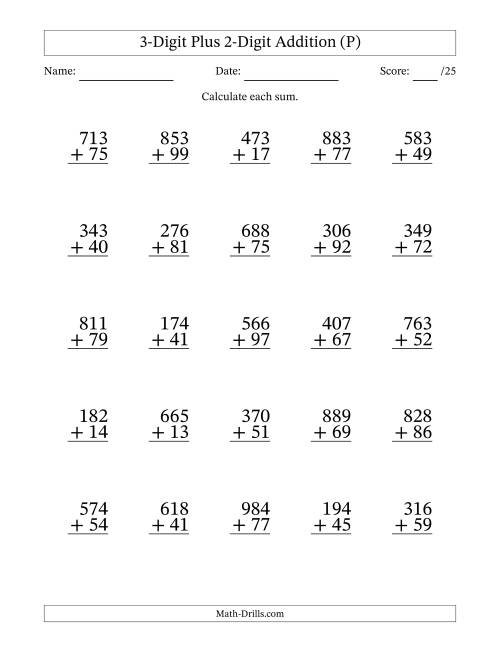 The 3-Digit Plus 2-Digit Addition With Some Regrouping (25 Questions) (P) Math Worksheet