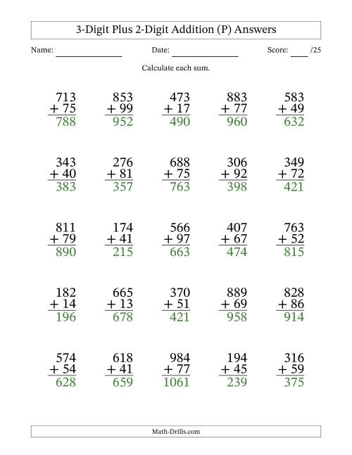The 3-Digit Plus 2-Digit Addition With Some Regrouping (25 Questions) (P) Math Worksheet Page 2