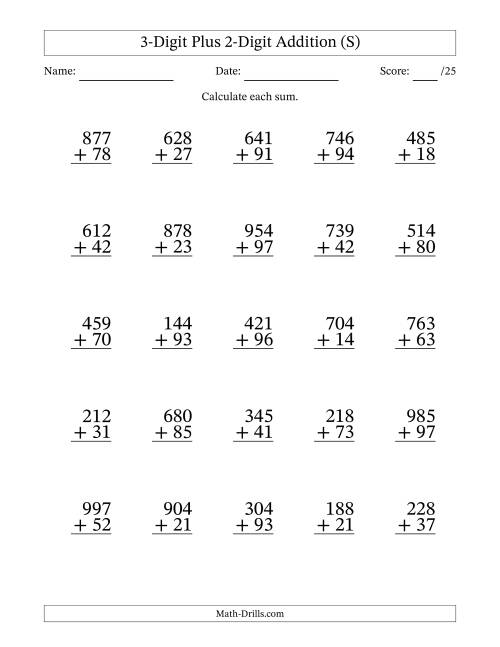 The 3-Digit Plus 2-Digit Addition With Some Regrouping (25 Questions) (S) Math Worksheet