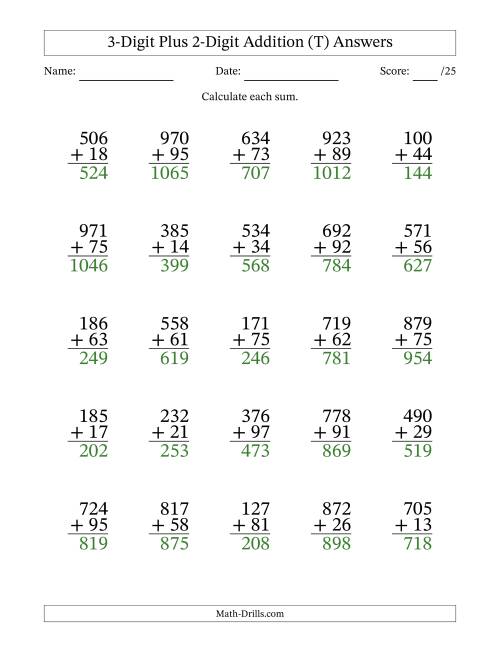 The 3-Digit Plus 2-Digit Addition With Some Regrouping (25 Questions) (T) Math Worksheet Page 2