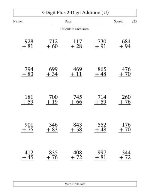 The 3-Digit Plus 2-Digit Addition With Some Regrouping (25 Questions) (U) Math Worksheet