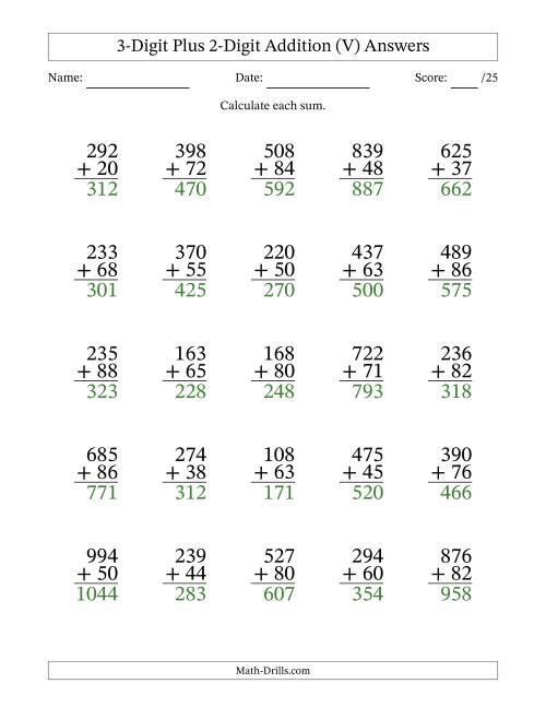 The 3-Digit Plus 2-Digit Addition With Some Regrouping (25 Questions) (V) Math Worksheet Page 2