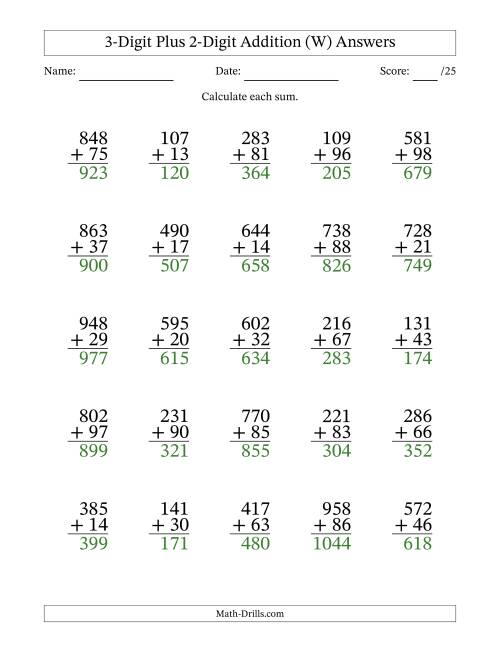 The 3-Digit Plus 2-Digit Addition With Some Regrouping (25 Questions) (W) Math Worksheet Page 2
