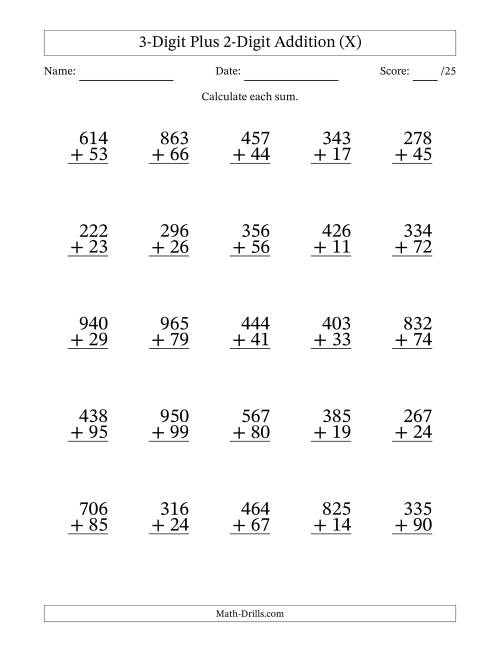 The 3-Digit Plus 2-Digit Addition With Some Regrouping (25 Questions) (X) Math Worksheet