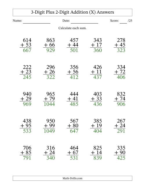 The 3-Digit Plus 2-Digit Addition With Some Regrouping (25 Questions) (X) Math Worksheet Page 2