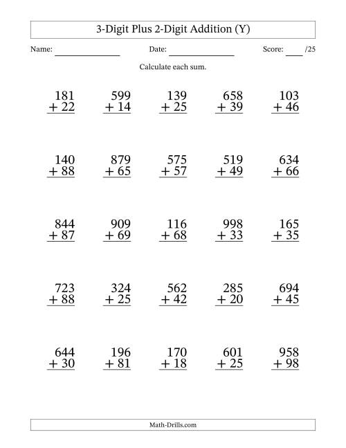 The 3-Digit Plus 2-Digit Addition With Some Regrouping (25 Questions) (Y) Math Worksheet