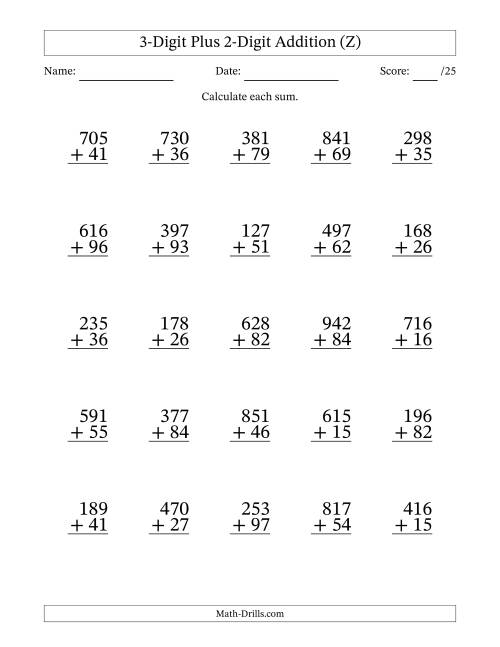 The 3-Digit Plus 2-Digit Addition With Some Regrouping (25 Questions) (Z) Math Worksheet