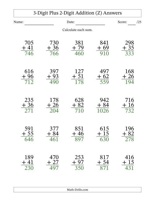 The 3-Digit Plus 2-Digit Addition With Some Regrouping (25 Questions) (Z) Math Worksheet Page 2