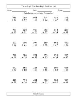 Three-Digit Plus Two-Digit Addition With Some Regrouping – 36 Questions