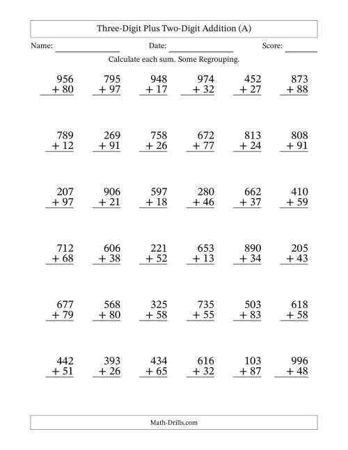 The Three-Digit Plus Two-Digit Addition With Some Regrouping – 36 Questions (A) Math Worksheet