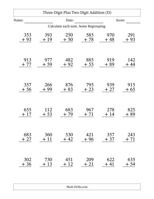 The Three-Digit Plus Two-Digit Addition With Some Regrouping – 36 Questions (D) Math Worksheet