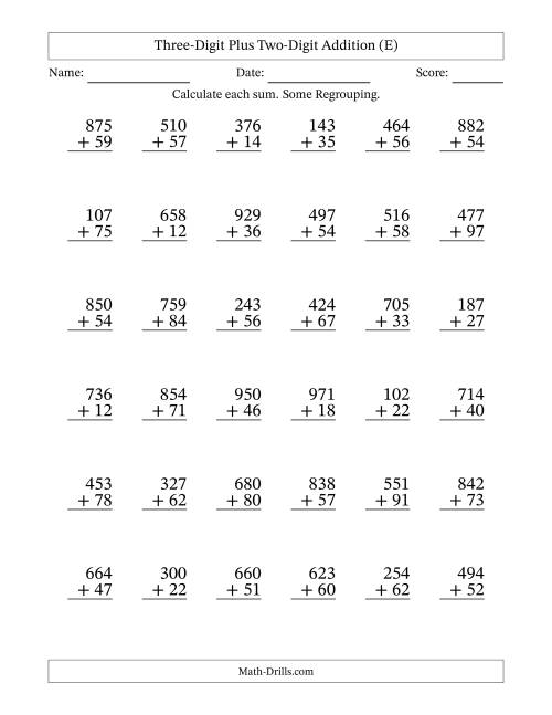 The Three-Digit Plus Two-Digit Addition With Some Regrouping – 36 Questions (E) Math Worksheet
