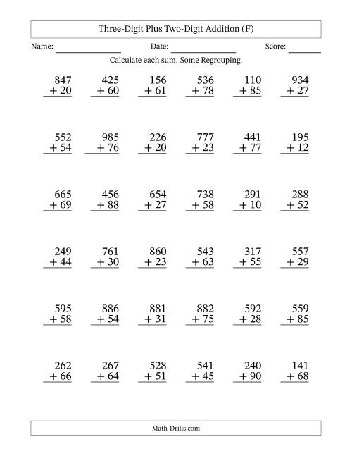The Three-Digit Plus Two-Digit Addition With Some Regrouping – 36 Questions (F) Math Worksheet