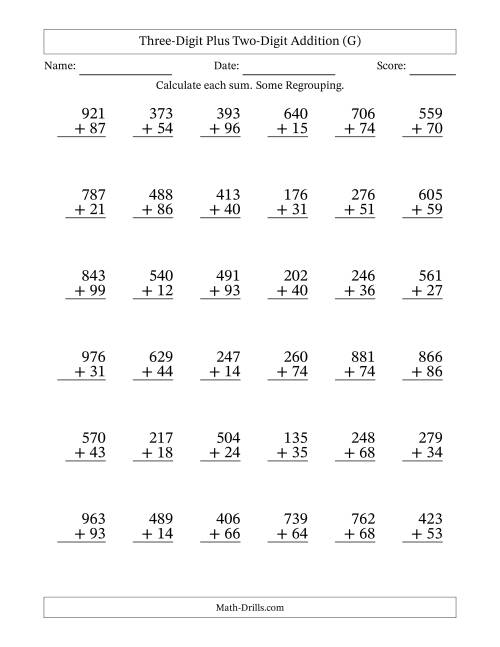 The Three-Digit Plus Two-Digit Addition With Some Regrouping – 36 Questions (G) Math Worksheet