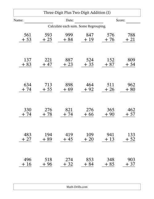 The Three-Digit Plus Two-Digit Addition With Some Regrouping – 36 Questions (I) Math Worksheet