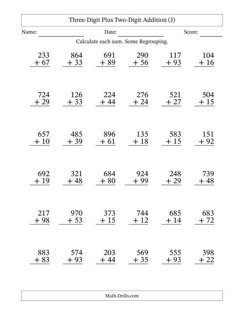 The Three-Digit Plus Two-Digit Addition With Some Regrouping – 36 Questions (J) Math Worksheet