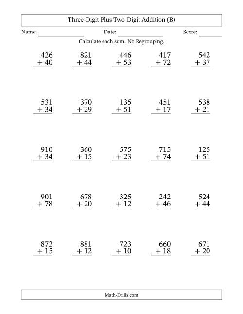 The Three-Digit Plus Two-Digit Addition With No Regrouping – 25 Questions (B) Math Worksheet