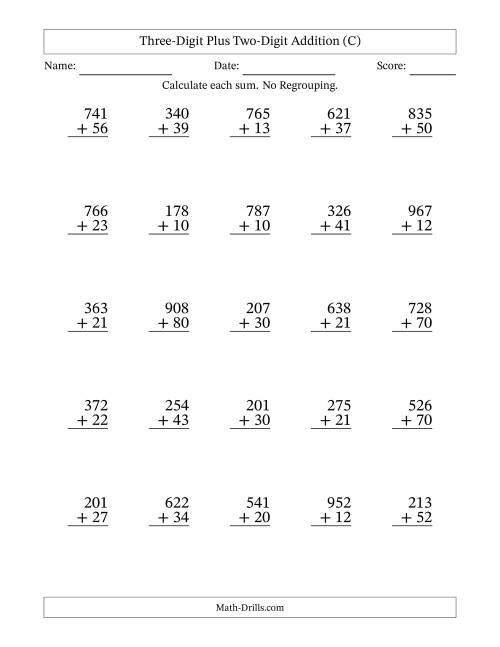 The 3-Digit Plus 2-Digit Addition with NO Regrouping (C) Math Worksheet
