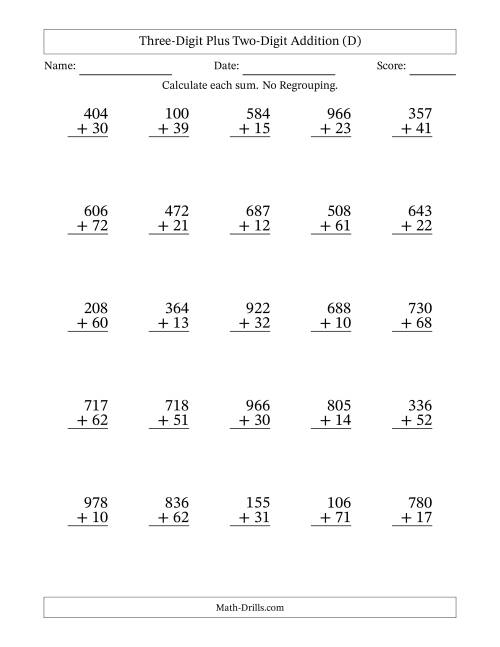 The Three-Digit Plus Two-Digit Addition With No Regrouping – 25 Questions (D) Math Worksheet
