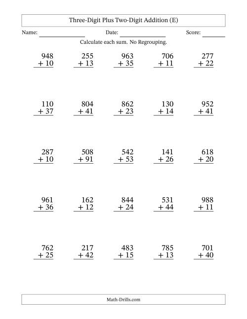 The 3-Digit Plus 2-Digit Addition with NO Regrouping (E) Math Worksheet