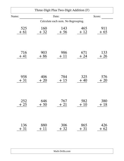 The Three-Digit Plus Two-Digit Addition With No Regrouping – 25 Questions (F) Math Worksheet