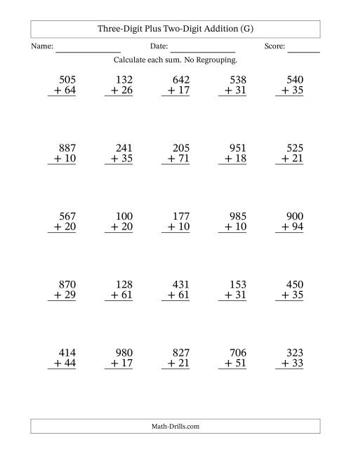The Three-Digit Plus Two-Digit Addition With No Regrouping – 25 Questions (G) Math Worksheet